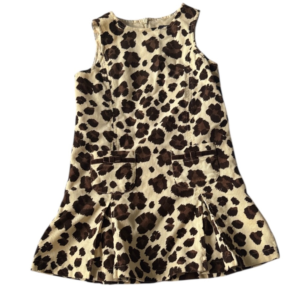 Mini Boden Girls Animal Leopard Print Soft Corduroy Jumper Dress Pockets Sz 4-5